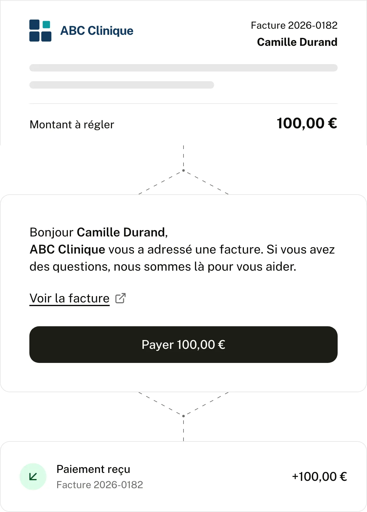 Votre facture patient part dans SendPay, le patient la reçoit et la règle, le paiement arrive sur votre compte.