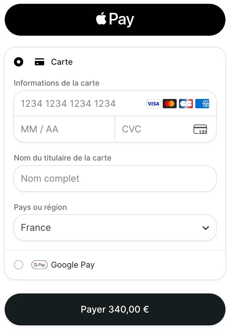 Formulaire de paiement par carte : bouton Apple Pay, numéro de carte, date d'expiration, cryptogramme, nom du titulaire, pays, et Google Pay.