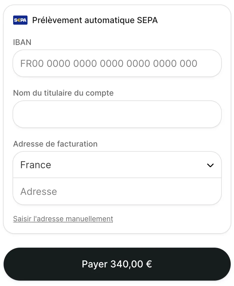 Formulaire de prélèvement SEPA : IBAN, nom du titulaire du compte et adresse de facturation.