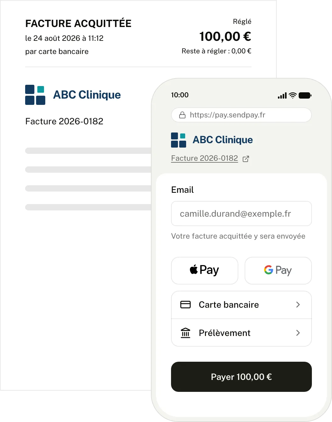 La facture acquittée, avec la mention d'acquit et la somme réglée au-dessus de la facture du cabinet, et le téléphone du patient posé dessus : le montant, le champ email où recevoir la facture acquittée, et les quatre moyens de paiement.