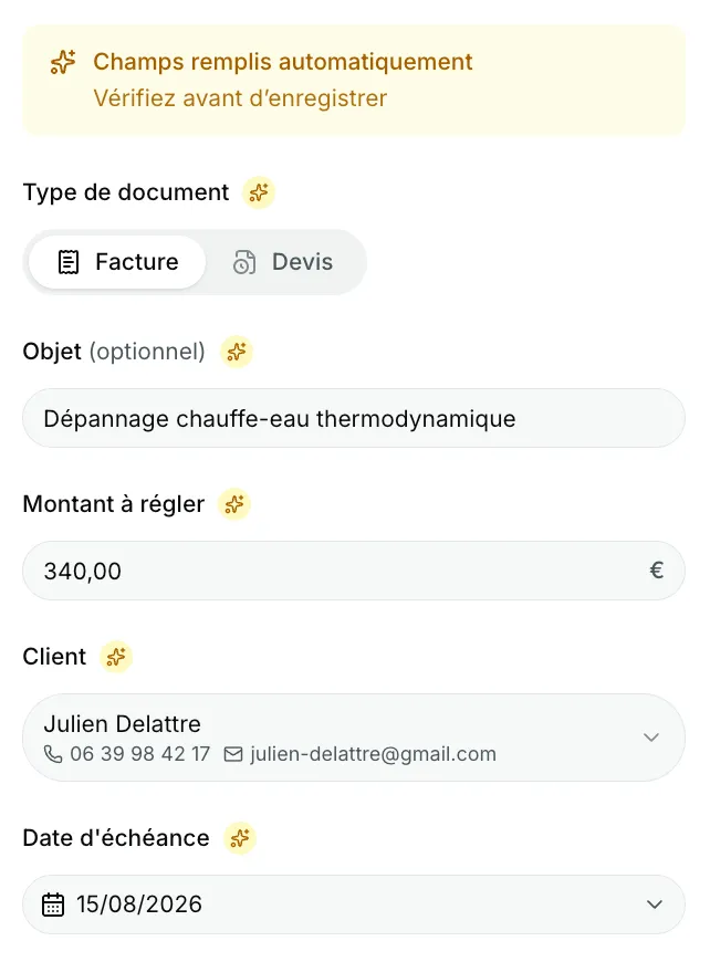 Formulaire SendPay dont les champs (type de document, objet, montant, client, échéance) ont été pré-remplis à partir du PDF importé.