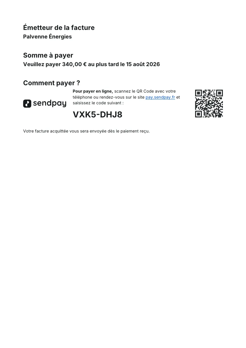 Page d'instructions de paiement insérée dans la facture : émetteur, somme à payer, QR code et code à saisir pour payer en ligne.
