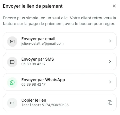 Fenêtre d'envoi du lien de paiement : par email, par SMS, par WhatsApp, ou copie du lien.