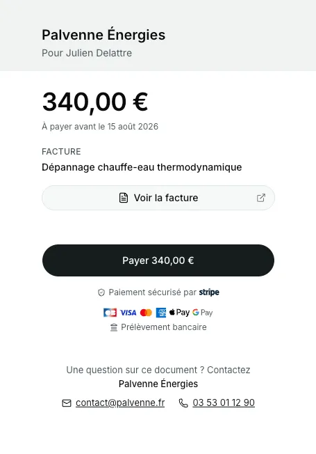 Page de paiement SendPay sur tablette : montant de 340,00 €, échéance, bouton « Payer », carte, Apple Pay, Google Pay et prélèvement bancaire.